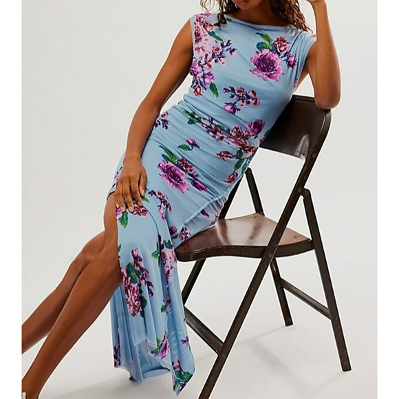 Free People Floral Carmel Mesh Midi Dress Size Medium Blue Stretch Side Slits - Picture 13 of 13